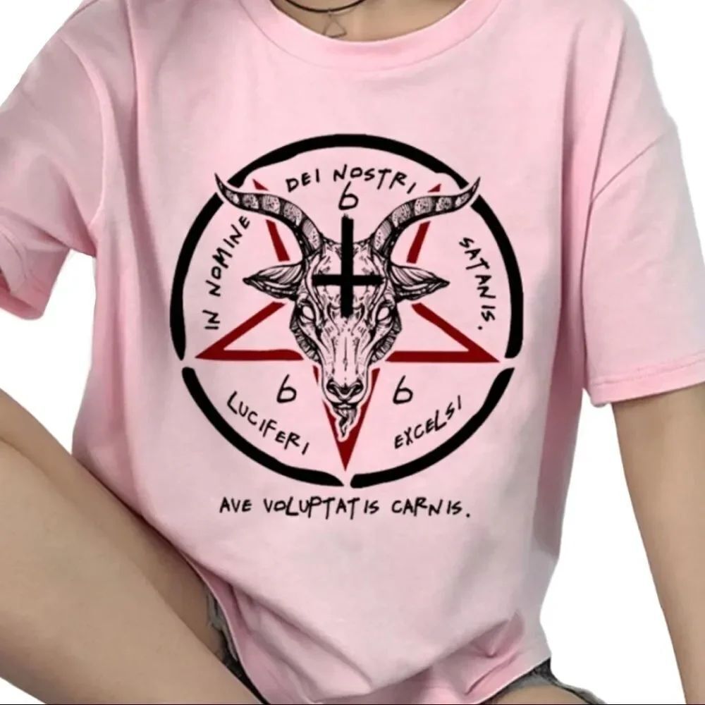Pink Short Sleeve Graphic Goat Head Skulls Star Tee T-Shirt NEW